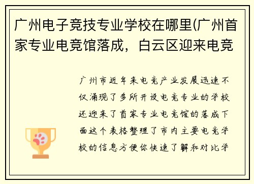 广州电子竞技专业学校在哪里(广州首家专业电竞馆落成，白云区迎来电竞新地标)